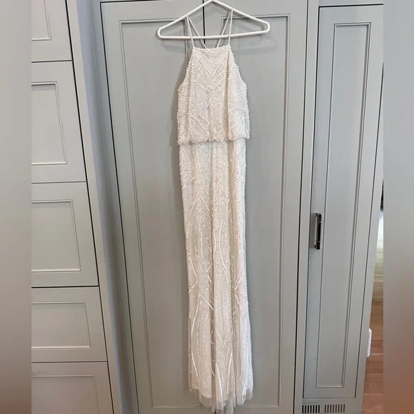 adrianna papell white beaded dress White Hand Beaded 3D Floral Lace And Tulle A-Line Gown